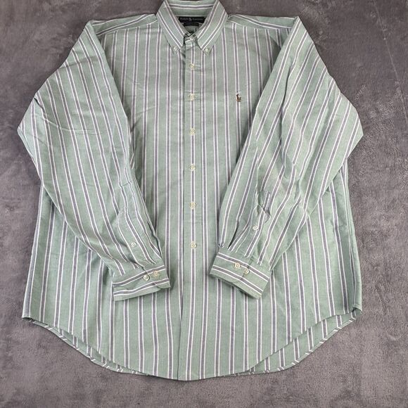 Vintage Ralph Lauren Shirt 17 Xl Green Yarmouth Striped Button‎ Down Flesh Pony - Picture 2 of 11